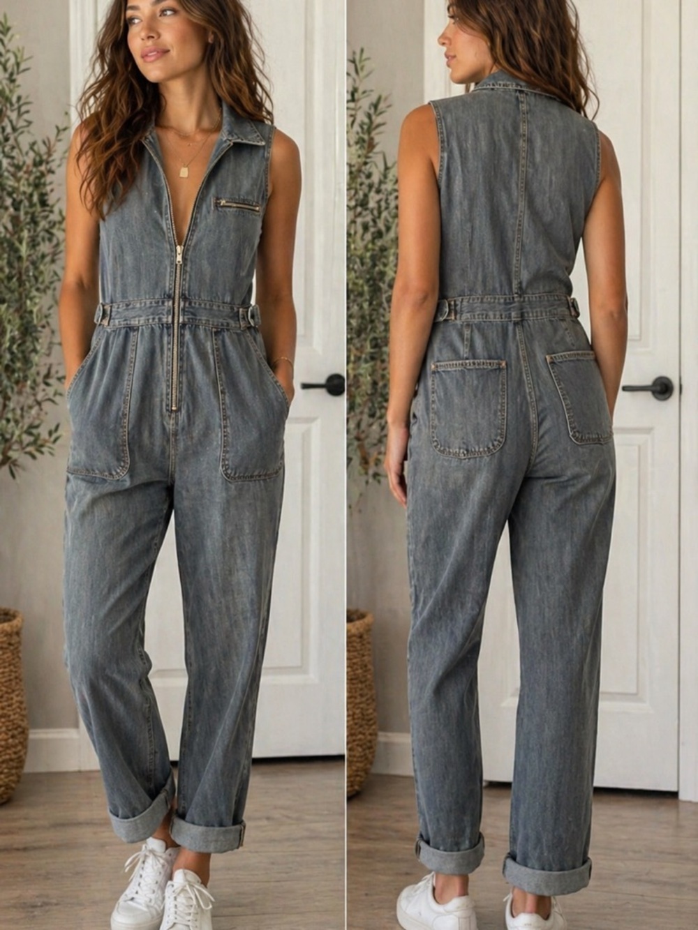 Gap 1969 Denim Jumpsuit Sleeveless Zip Front Garden Model Off Duty